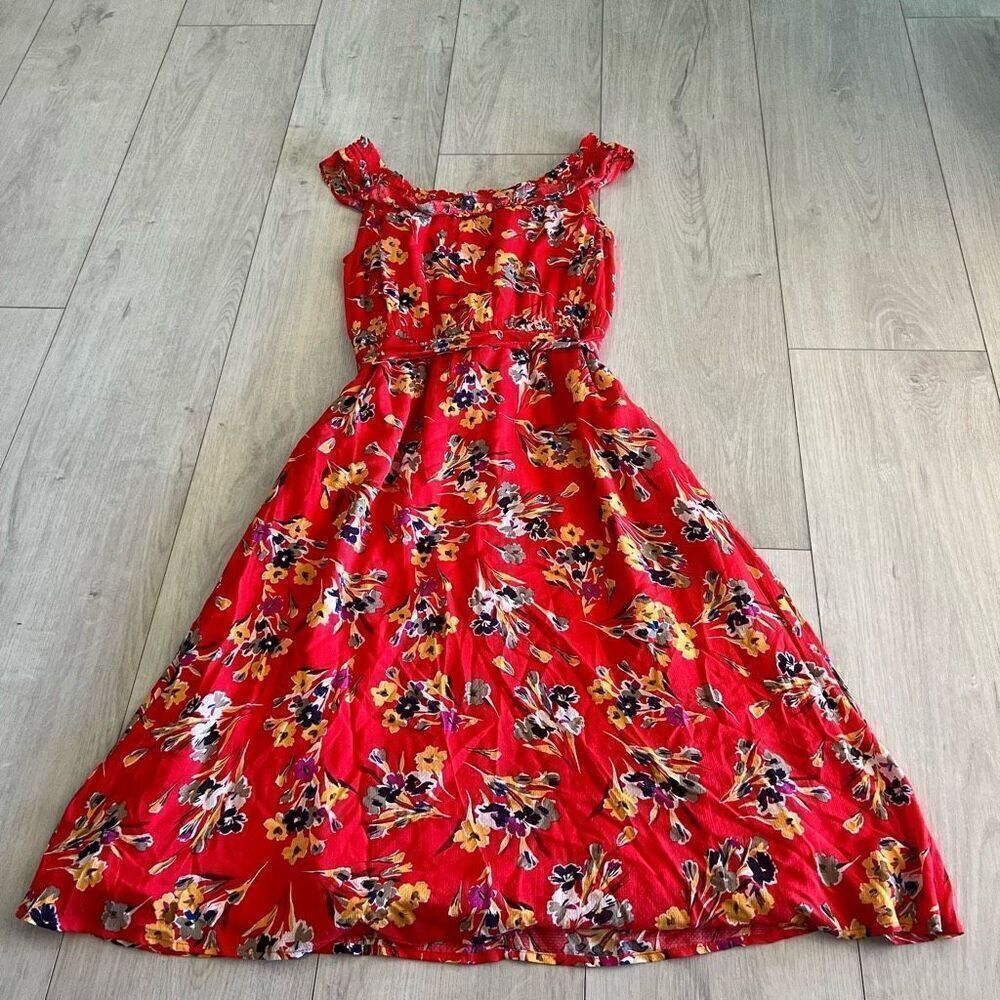 47 of 52 Conversations by Anthropologie Red Floral Off the shoulder dress size 4